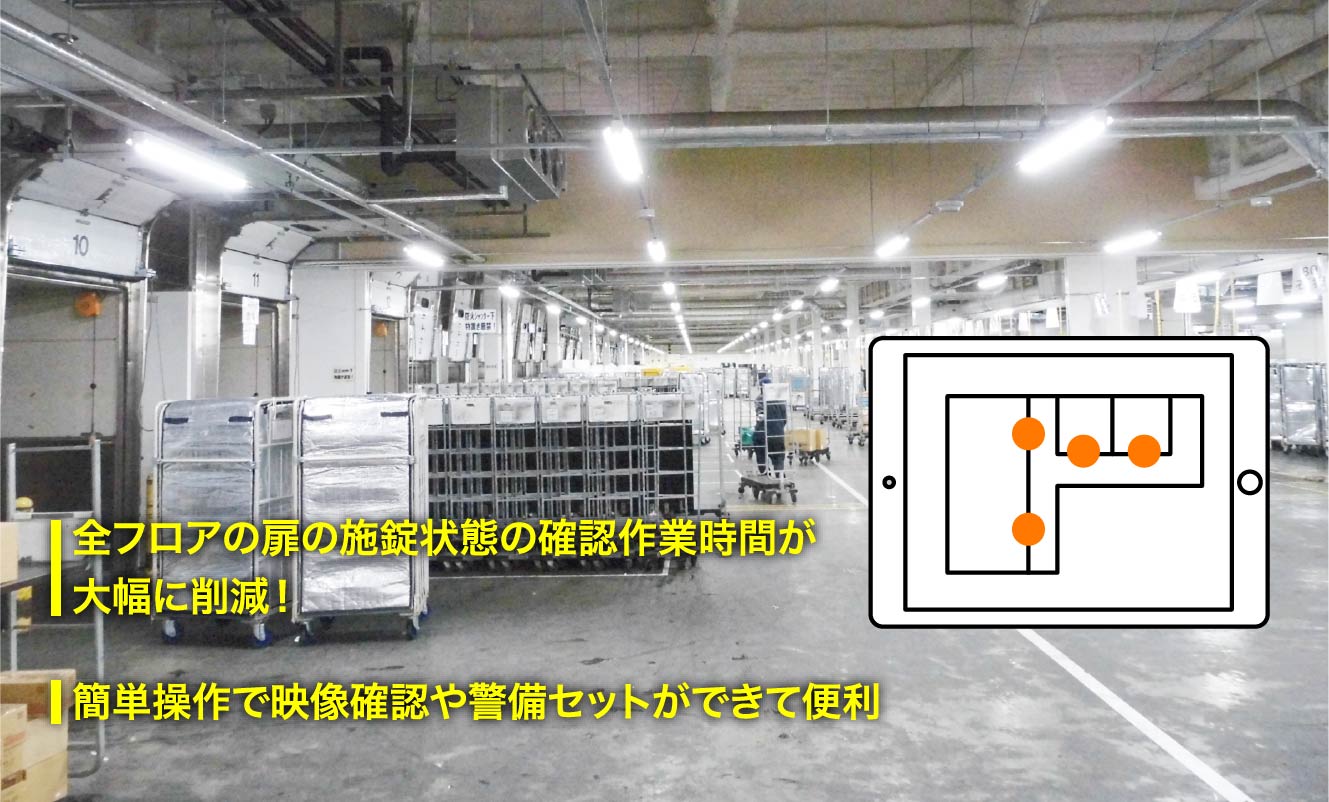 全フロアの扉の施錠状態の確認作業時間が大幅に削減！簡単操作で映像確認や警備セットができて便利